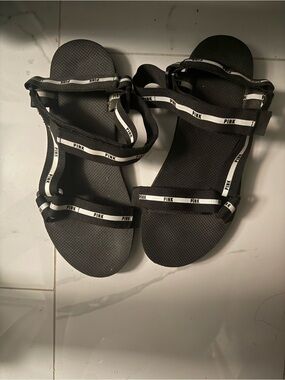 PINK Victoria's Secret Black Strappy Logo Sandals